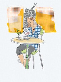 an illustration of a girl sitting at a table